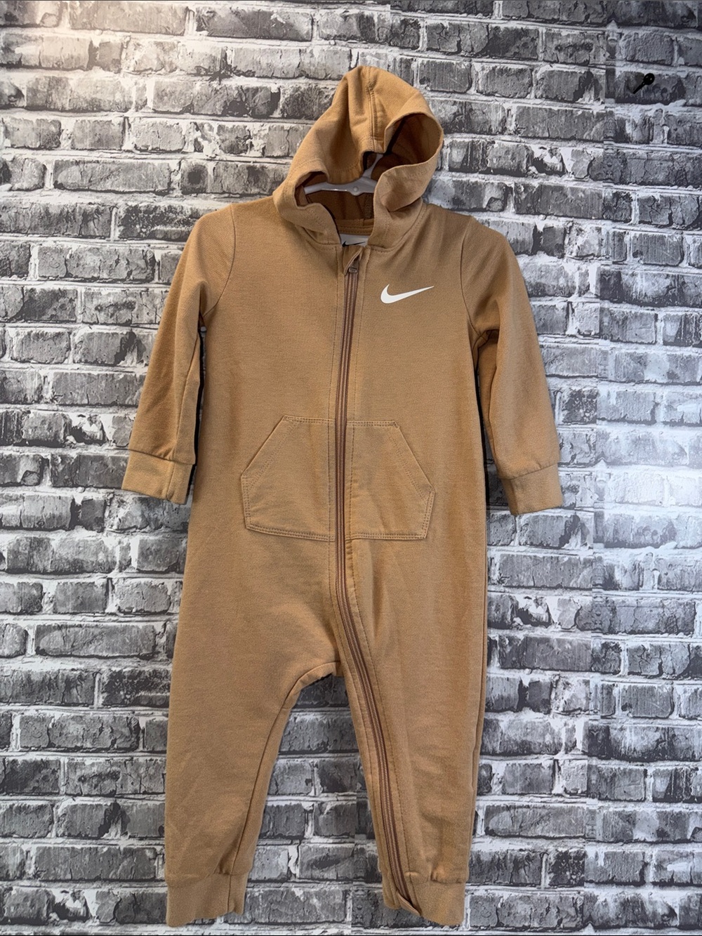 Nike Toddler Tan Hooded Zip One-Piece Romper with White Swoosh
